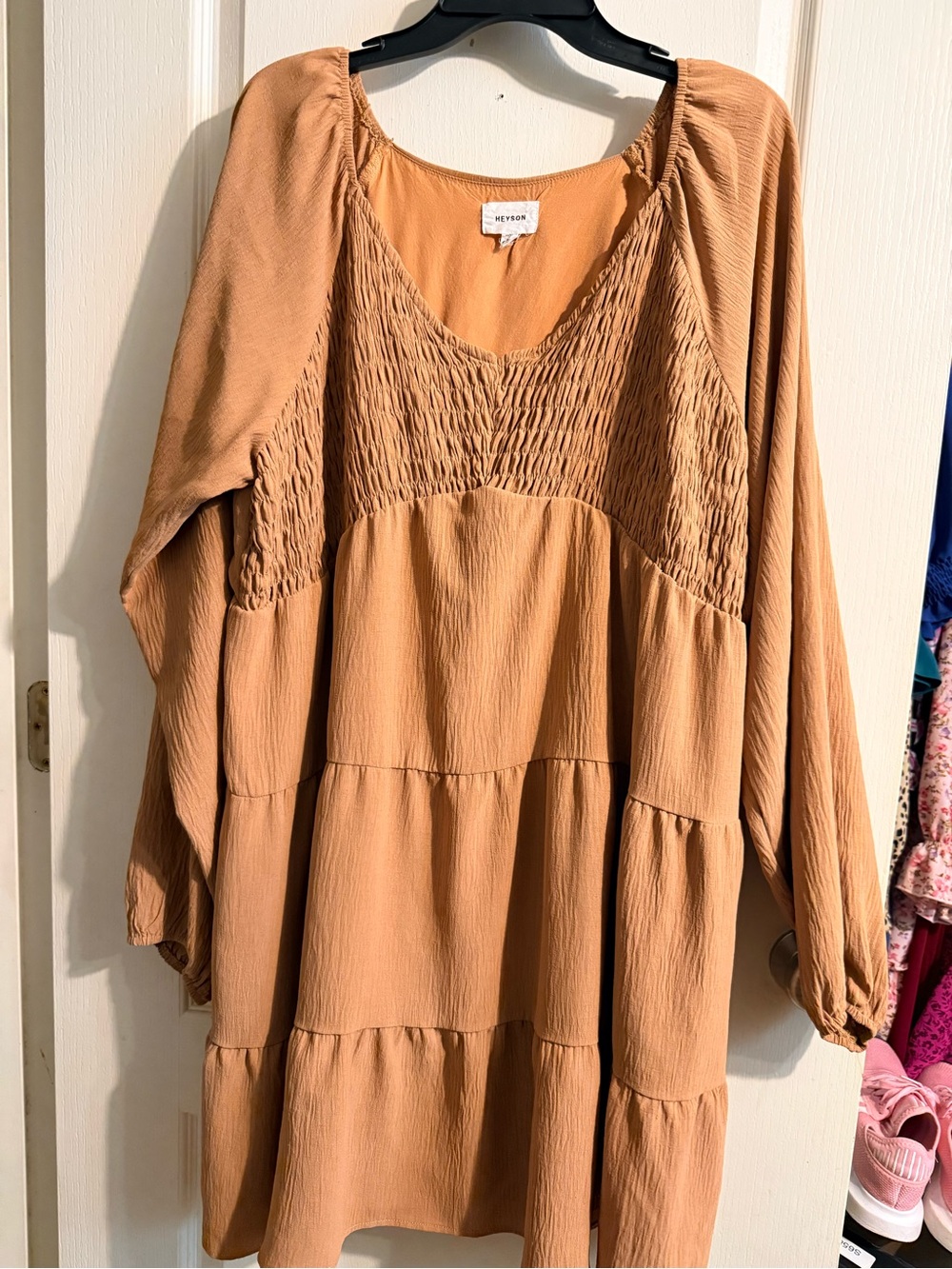 Women's Smocked Tiered Long-Sleeve Tunic Dress - Camel